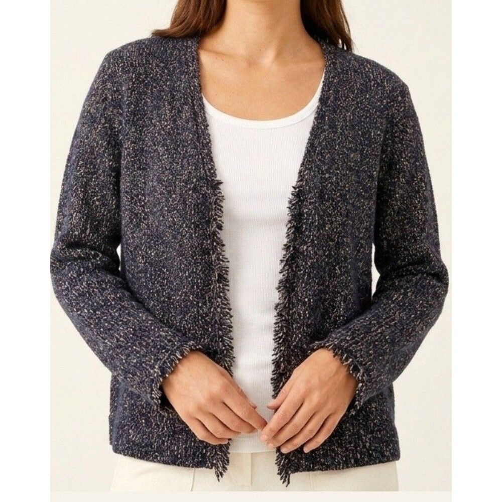 Eileen Fisher Wool Fringe Cardigan Sweater Luxury | Size L | Natural Fibers